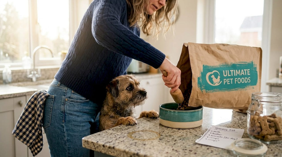 Small dog watches owner pour healthy food