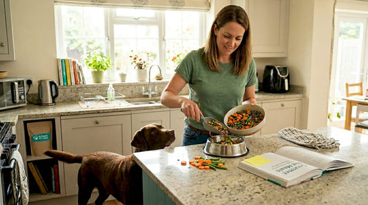 Dog owner preparing plant-based meal in kitchen