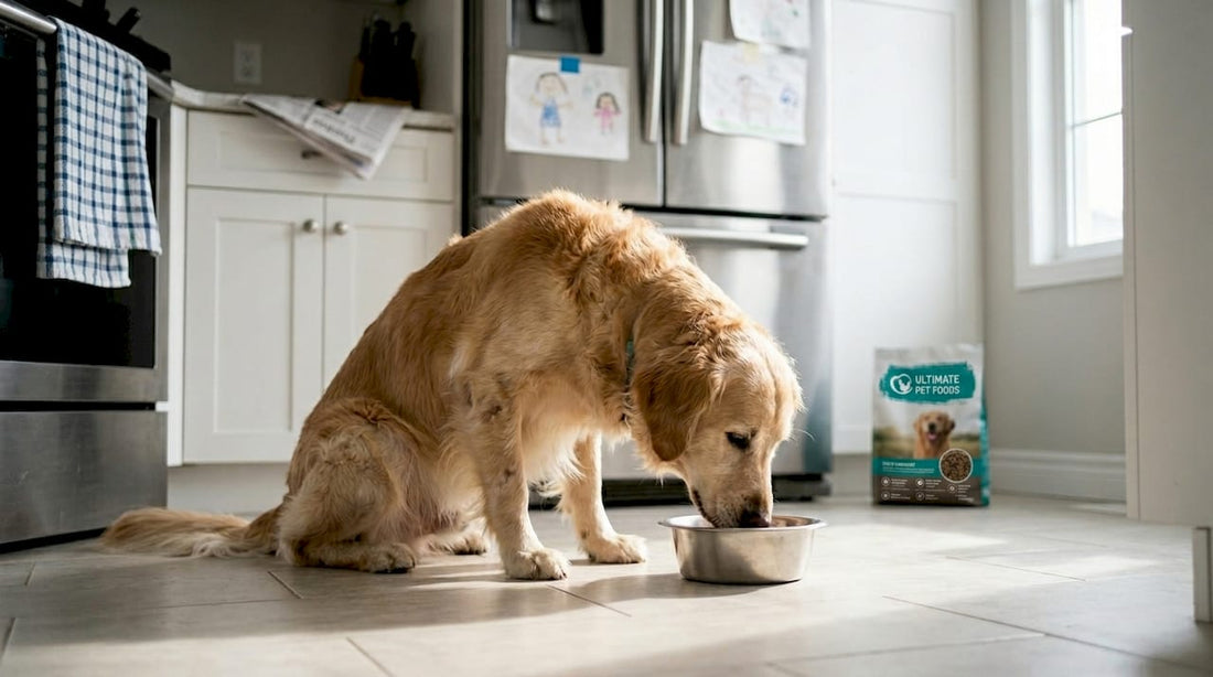 Dog with skin issues eats special diet in kitchen