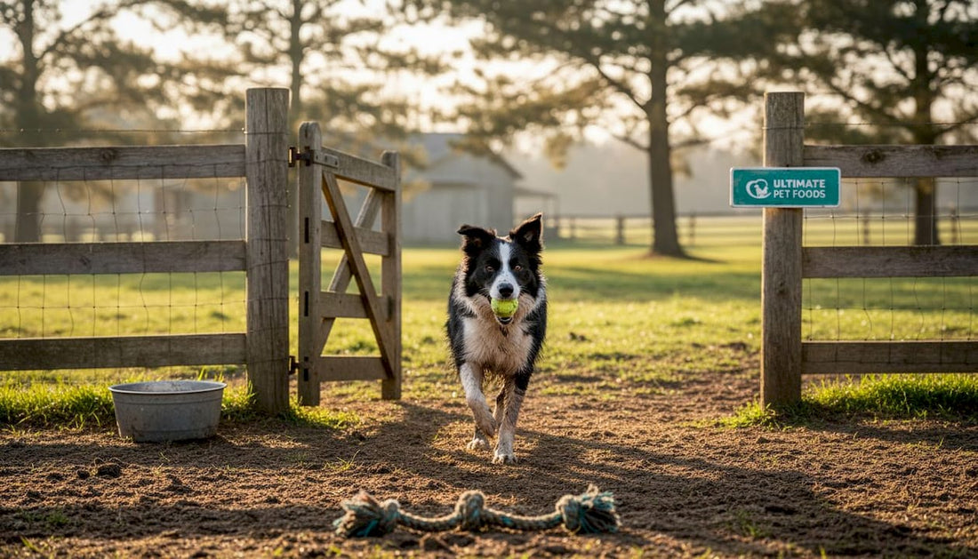 Border collie running in grassy farm field