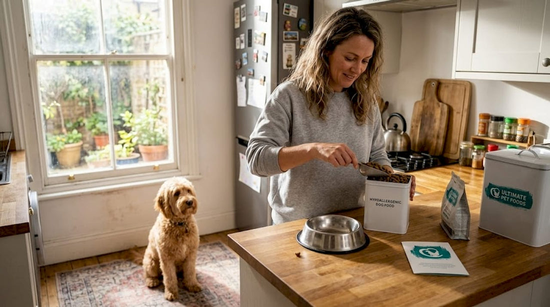 Dog owner preparing hypoallergenic food in kitchen
