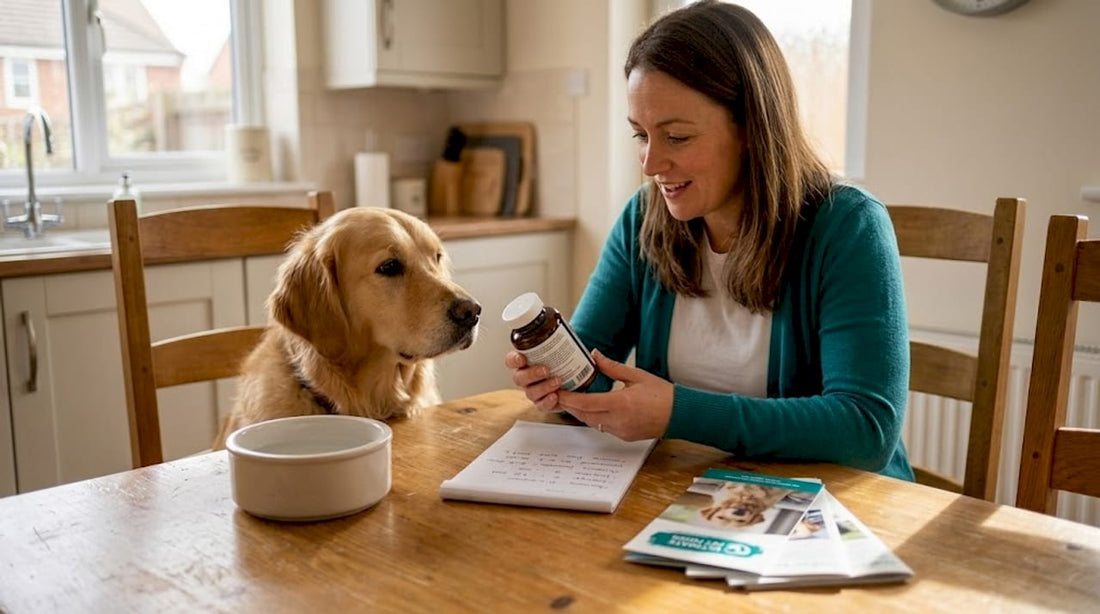 Dog owner checks supplement labels at kitchen