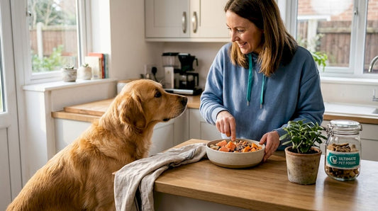 Dog and owner preparing natural food for skin health