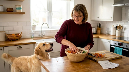 Woman preparing fresh dog food in kitchen