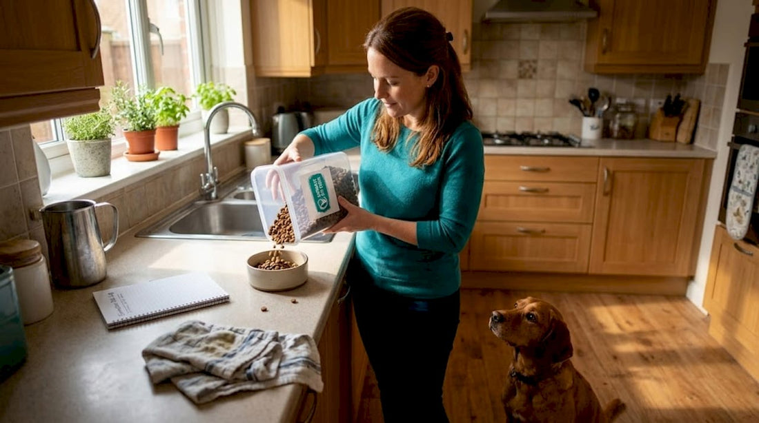 Owner preparing hypoallergenic food for dog in kitchen