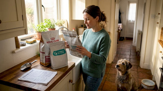 Dog owner choosing dog food in kitchen