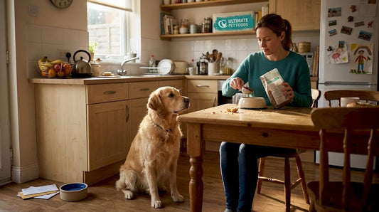 Dog anticipates meal in home kitchen