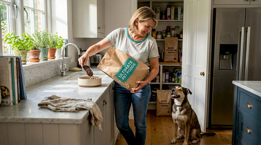 Woman preparing grain-free and grain-inclusive dog food