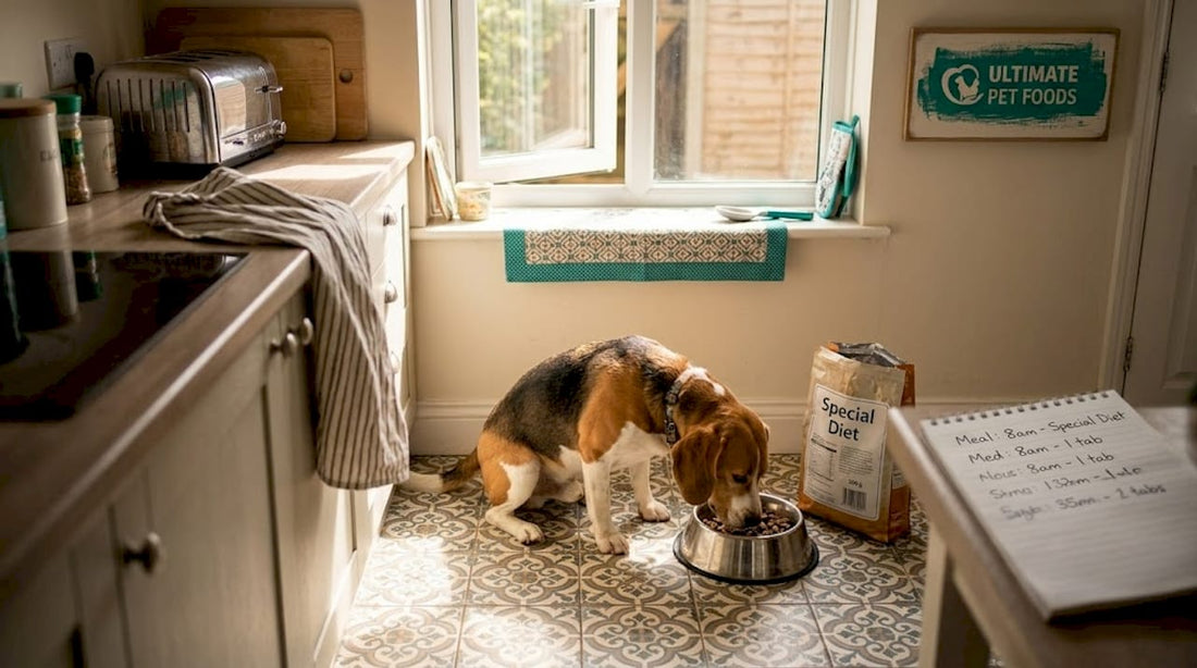 Beagle eating hypoallergenic food in kitchen