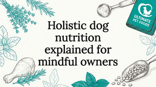 Decorative illustrated title card with pet nutrition motifs