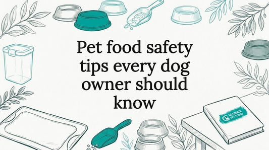 Decorative title card with dog food objects framing center