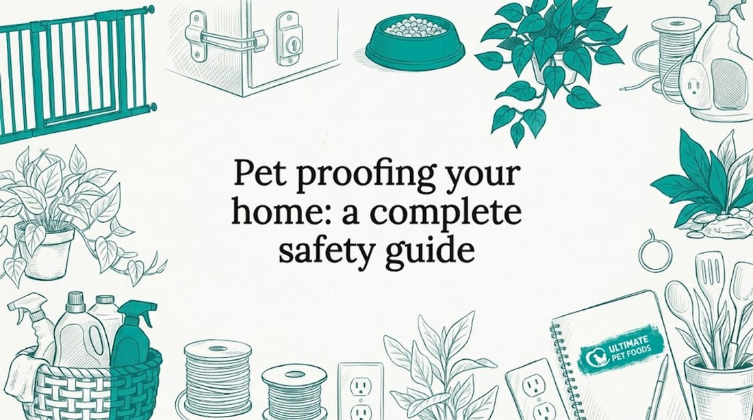 Decorative hand-drawn title card with pet proofing objects