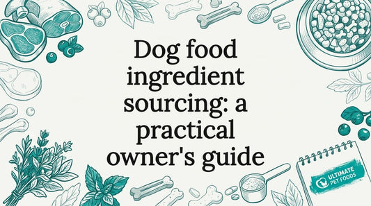 Decorative title card illustration for dog food ingredient sourcing article
