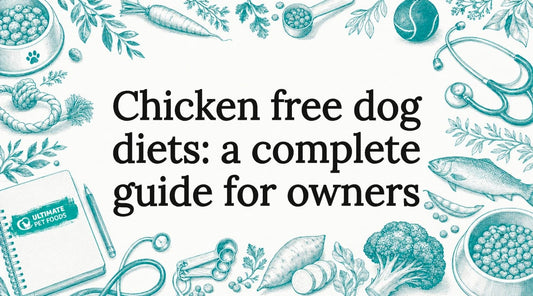 Decorative title card with dog diet themed illustrations