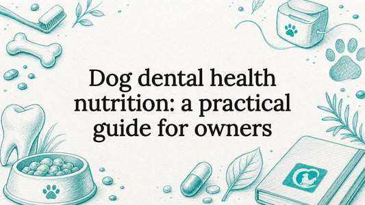Decorative hand-drawn title card illustration with dog dental health elements