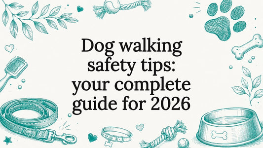 Decorative title card illustration with dog walking motifs