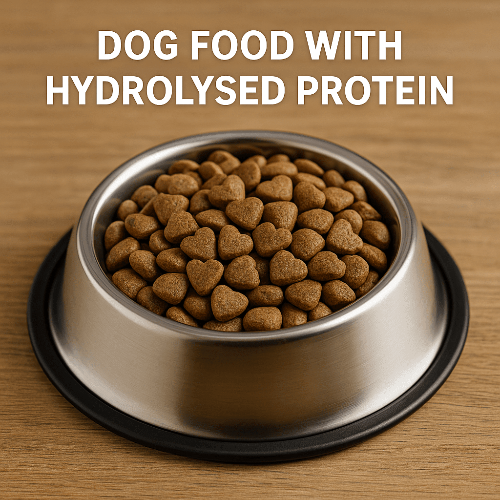 Stainless steel dog bowl filled with heart-shaped hydrolysed protein dog food kibble on a wooden surface, representing clinical dog food for digestive and allergy support.