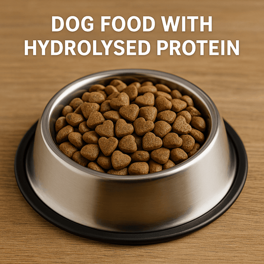 Stainless steel dog bowl filled with heart-shaped hydrolysed protein dog food kibble on a wooden surface, representing clinical dog food for digestive and allergy support.