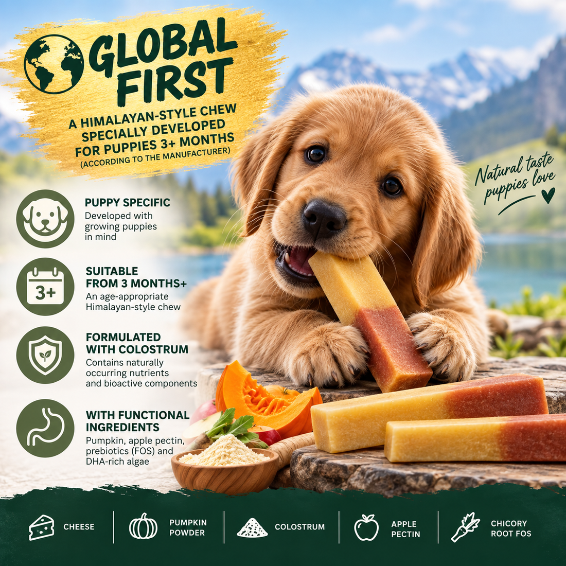 Golden retriever puppy chewing a two-tone Himalayan puppy chew, suitable from 3 months+, formulated with colostrum and functional ingredients.