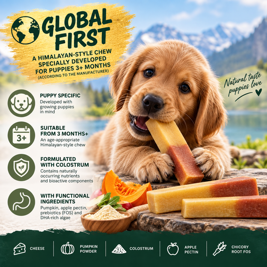 Golden retriever puppy chewing a two-tone Himalayan puppy chew, suitable from 3 months+, formulated with colostrum and functional ingredients.