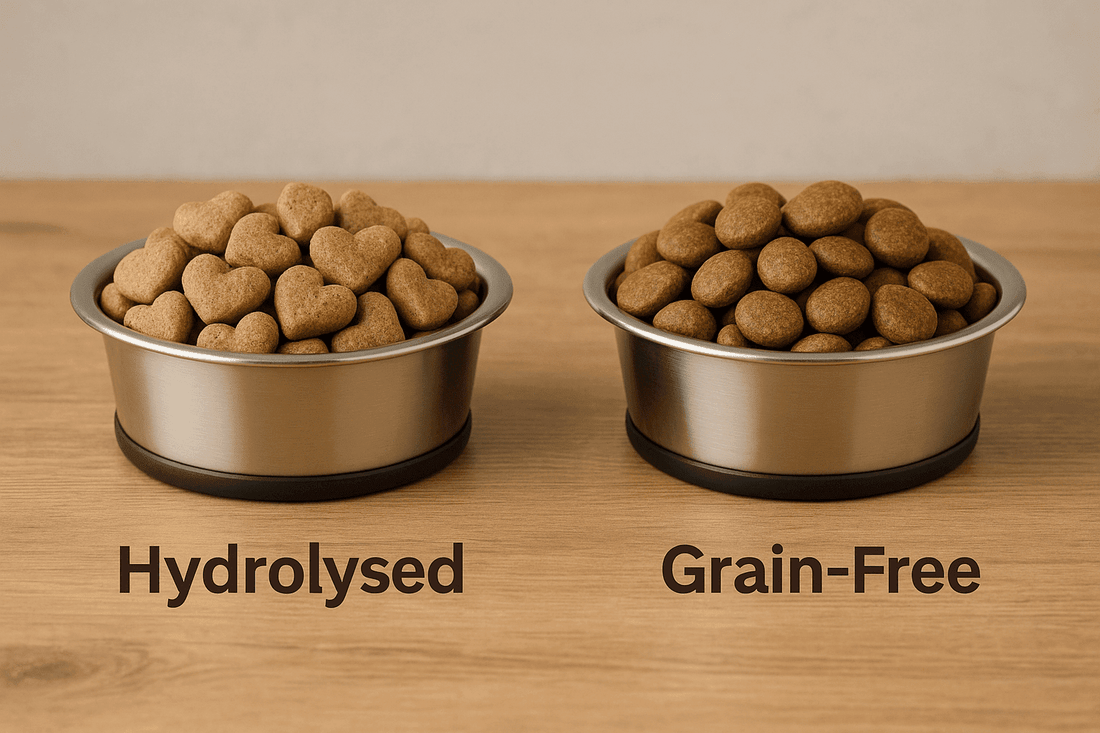 Side-by-side stainless steel dog bowls showing heart-shaped hydrolysed dog food kibble and round grain-free dog food kibble on a wooden surface, labelled for comparison.
