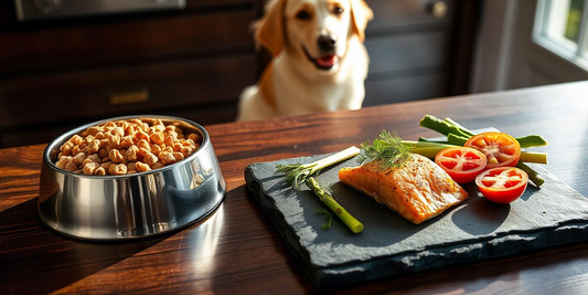 Best Dog Food- A stainless steel bowl filled with dry dog food kibble sits on a wooden table next to a slate board displaying fresh salmon fillet, asparagus, and sliced tomatoes, with a happy dog blurred in the background