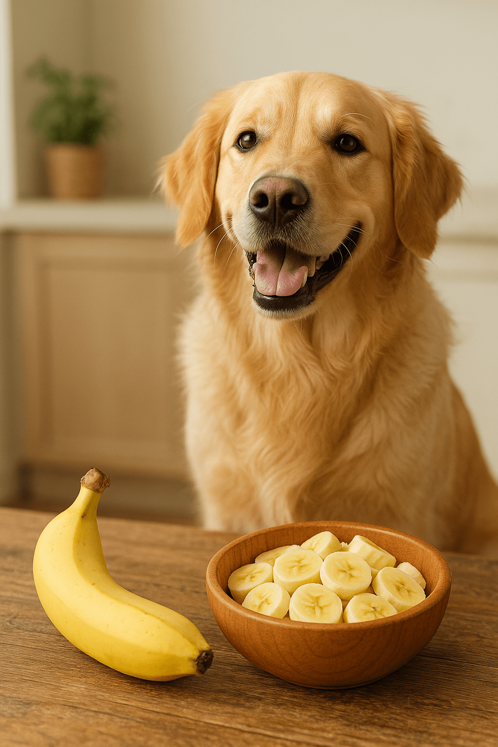 Golden retriever beside a bowl of banana slices — a healthy treat for dogs from Ultimate Pet Foods.