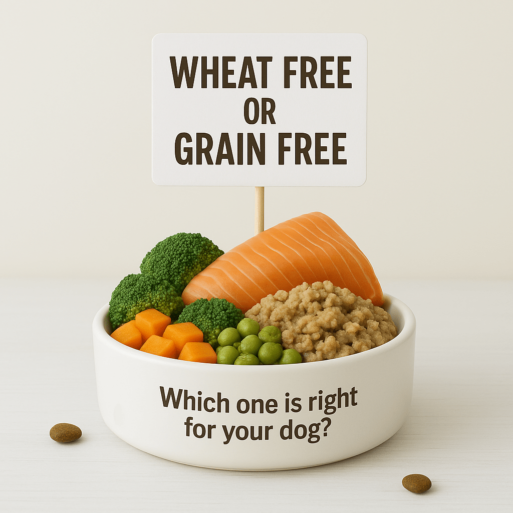 White dog bowl filled with fresh ingredients, labeled “Wheat Free or Grain Free,” with “Which one is right for your dog?” on the bowl.