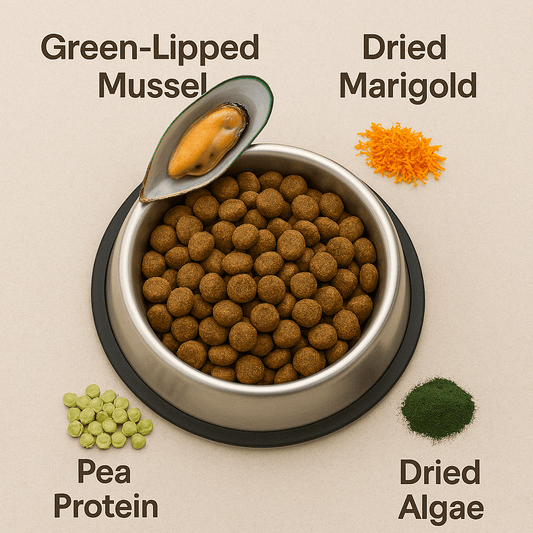 Healthy Dog Food Ingredients - Showing Green Lipped Mussel, Dried Marigold, Pea Protein and Dried Algae