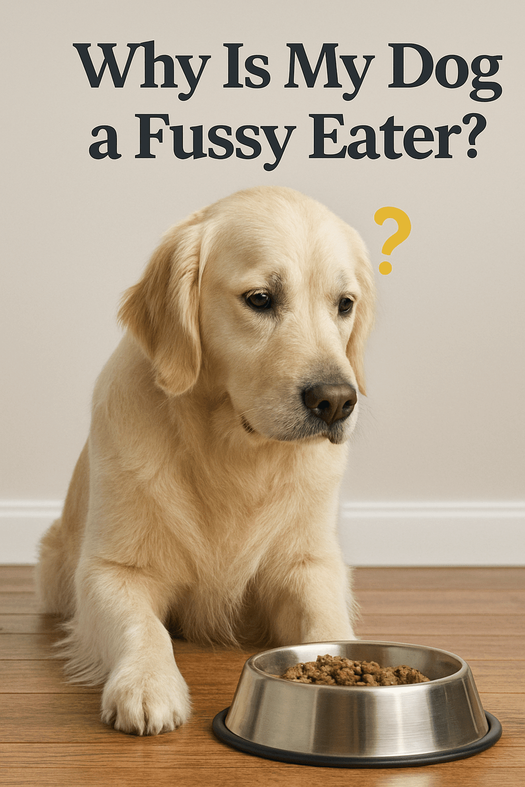 Golden retriever sitting on a wooden floor looking uncertainly at a bowl of dry dog food, illustrating why some dogs become fussy eaters.