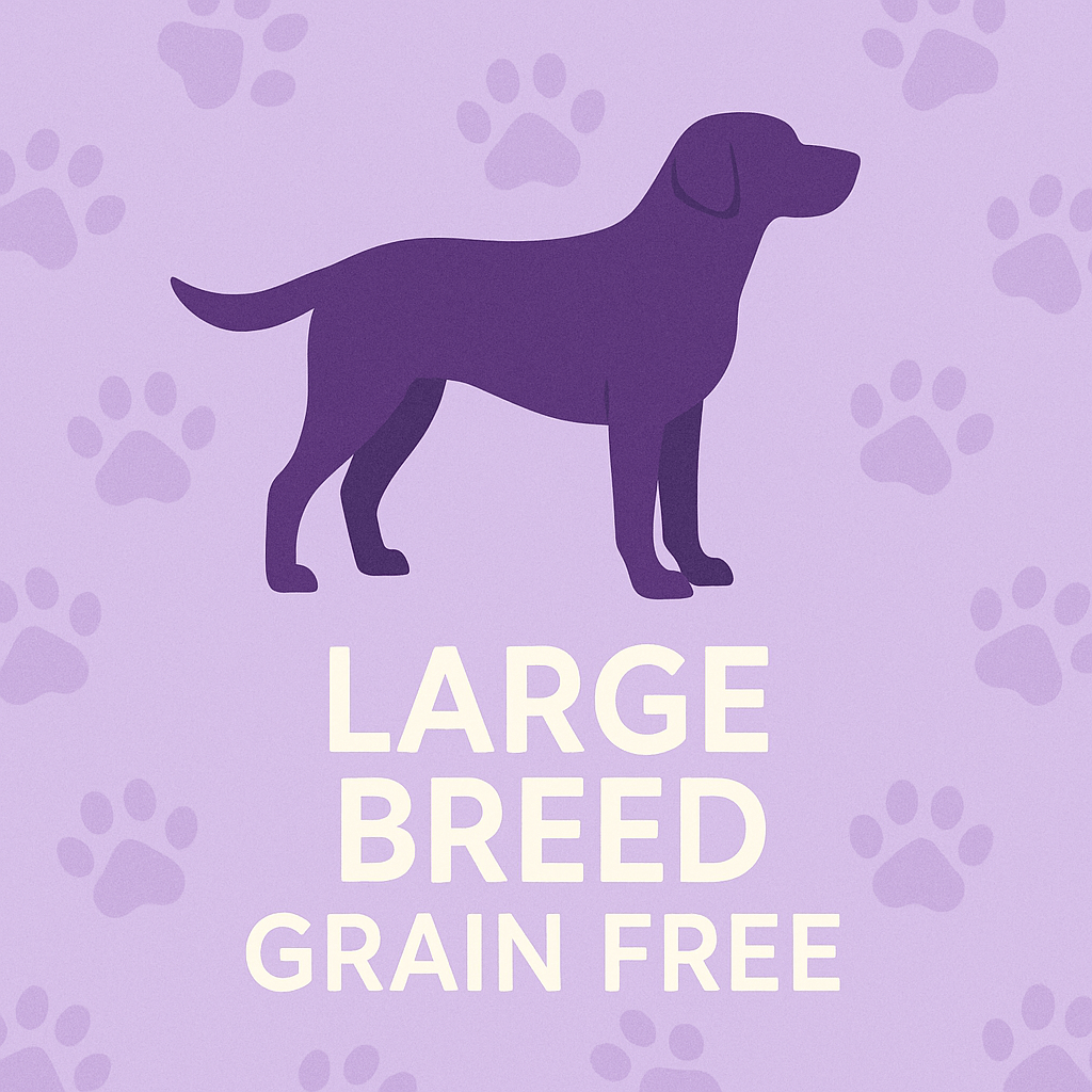 Dark purple large-breed dog silhouette against a pale lavender background with paw prints and bold white text ‘Large Breed Grain Free.’ Highlights food formulated for big dogs’ joint and muscle support