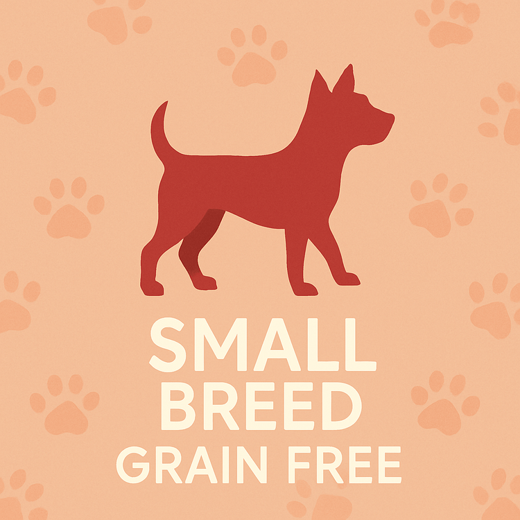 Stylized silhouette of a small terrier-type dog in dark coral on a pastel peach background patterned with paw prints, labeled ‘Small Breed Grain Free.’ Designed to represent recipes for small dogs
