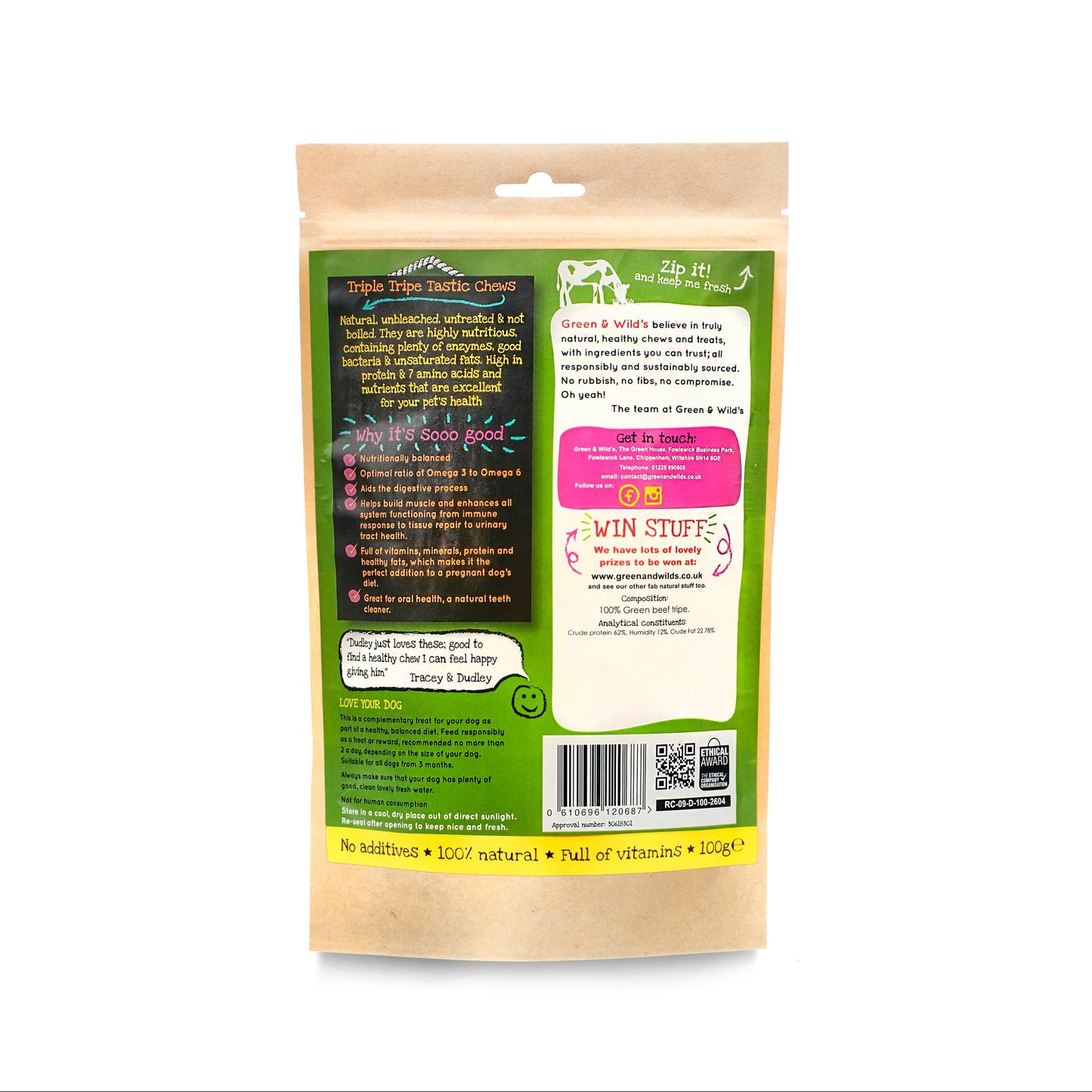 Triple Tripe Tastic Chews 100g back pack