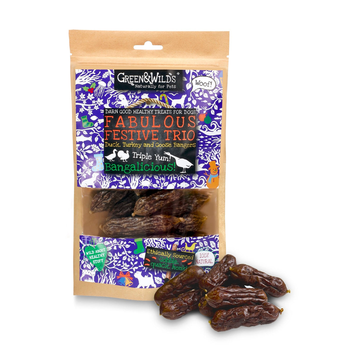 Green & Wilds Fabulous Festive Trio duck, goose & turkey dog treats 150g