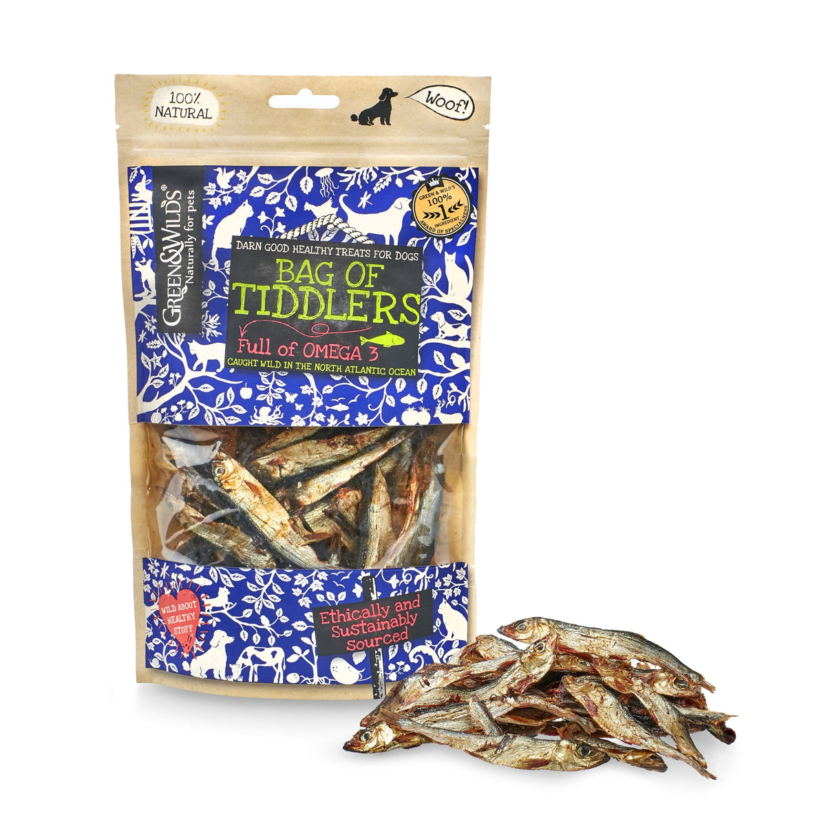 Green & Wilds Bag of Tiddlers 75g – air-dried whole sprats for dogs