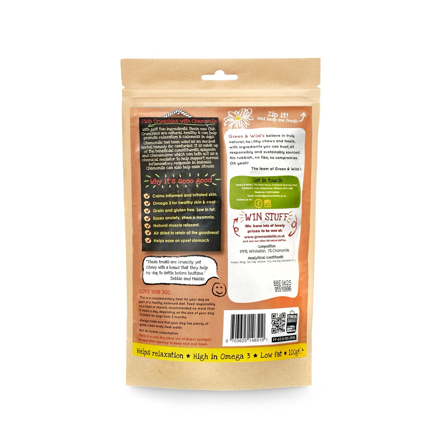 Fish Crunchies with Chamomile 100g back of pack