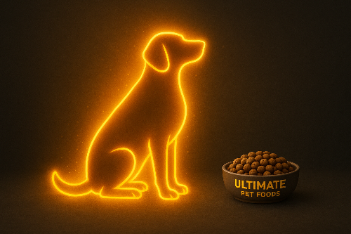 Happy dog enjoying a bowl of Ultimate Pet Foods grain-free kibble.