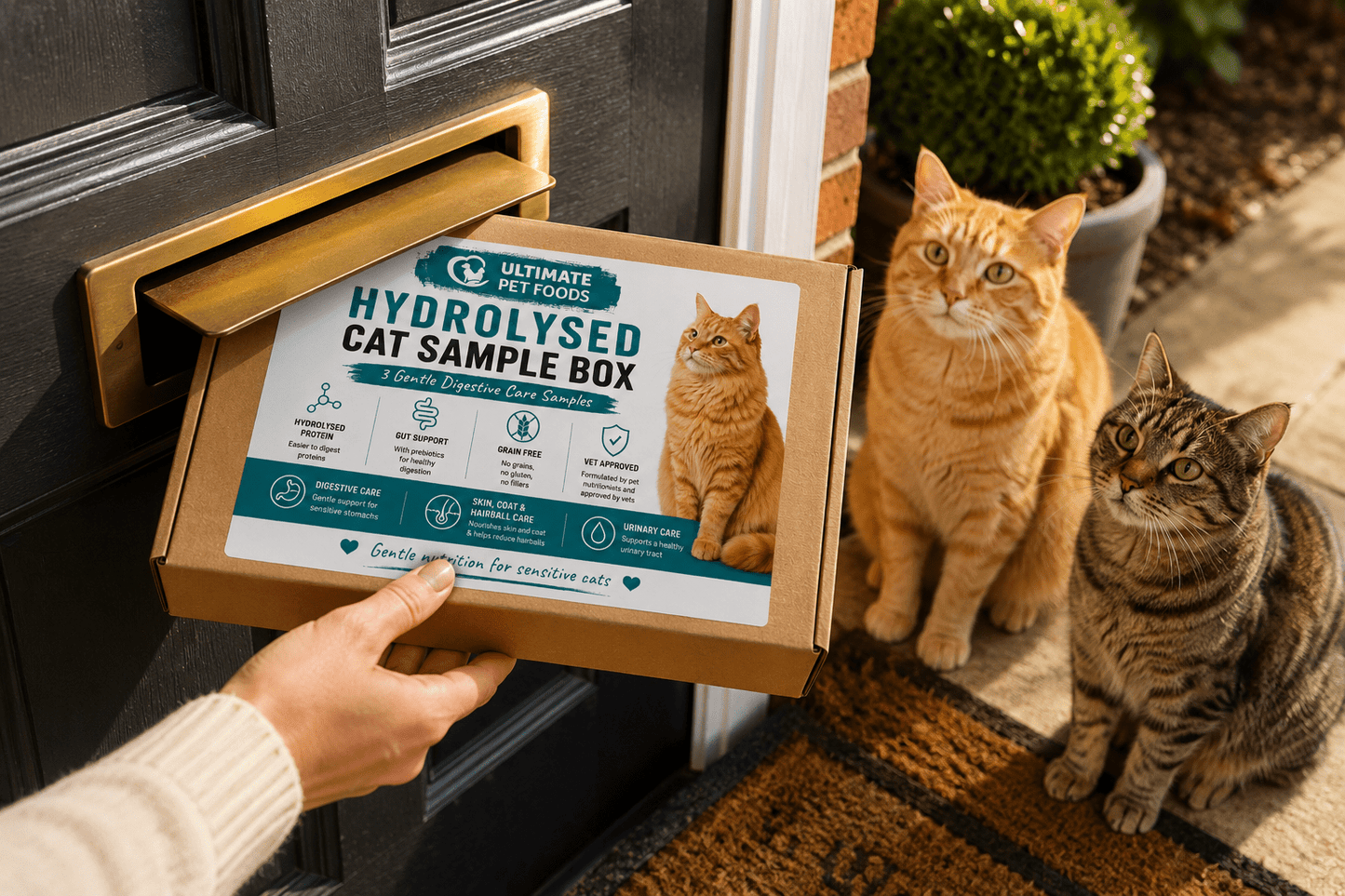Hydrolysed cat Food Sample box, with two cats waiting to try the food.