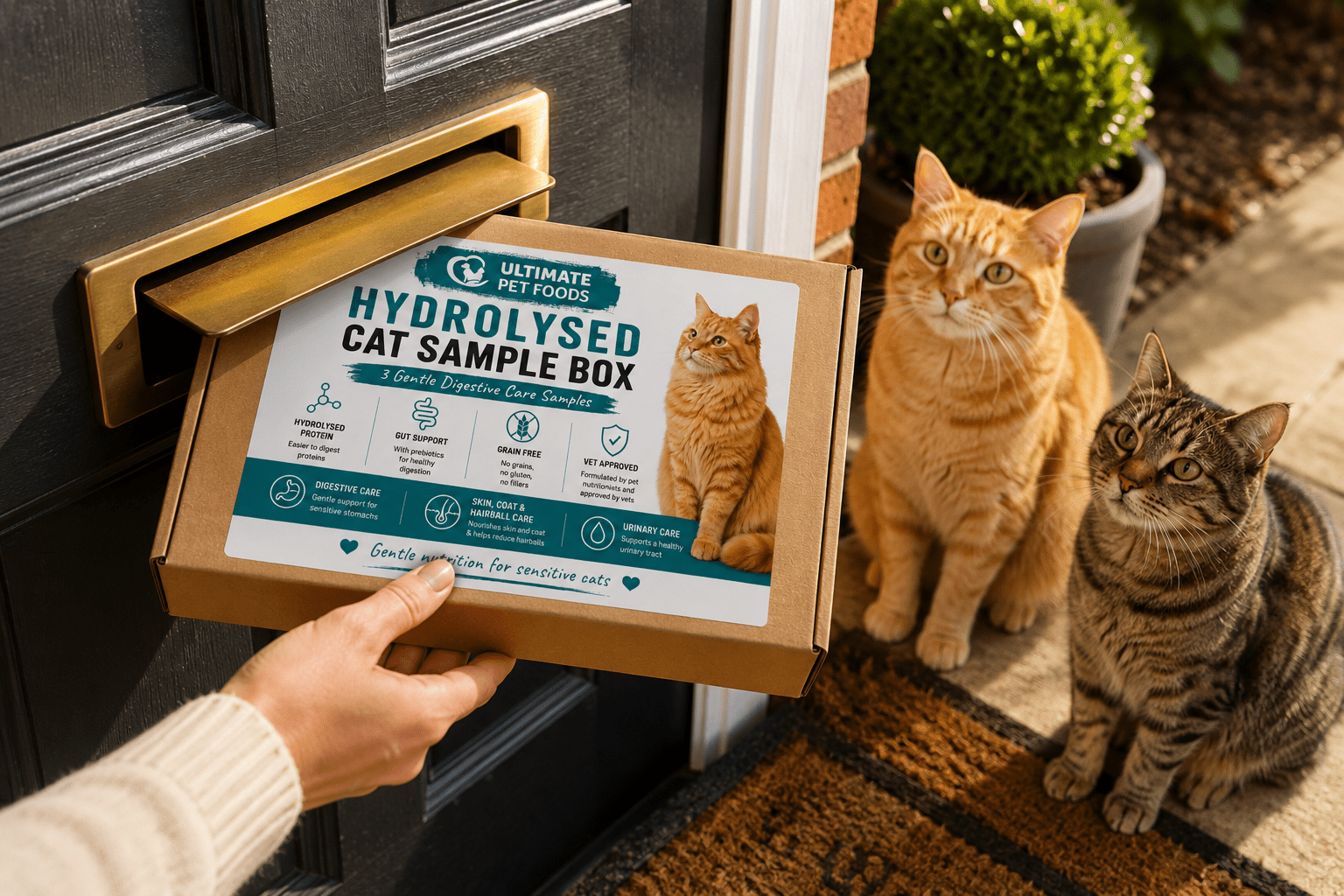 Hydrolysed cat Food Sample box, with two cats waiting to try the food.