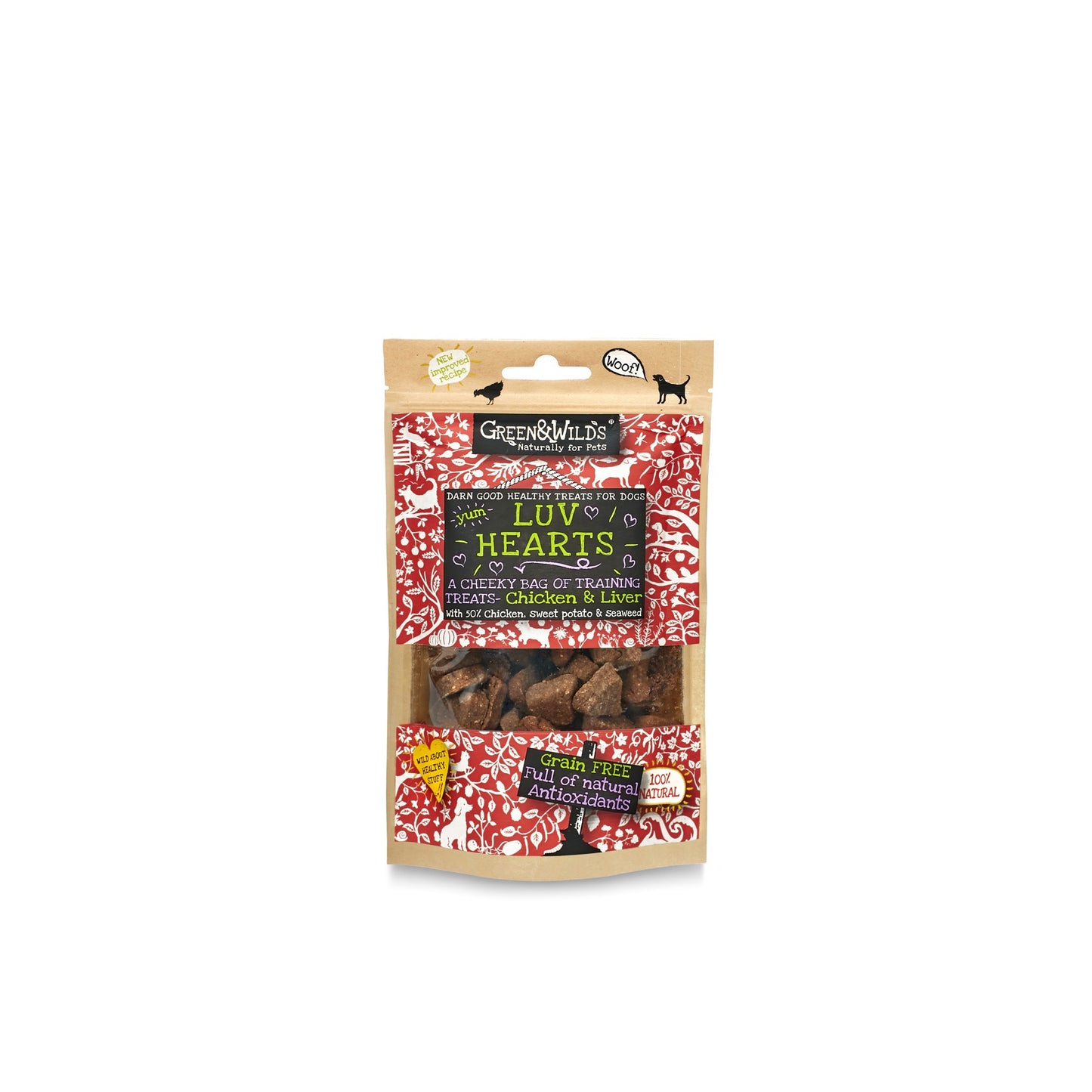 Green and Wilds Luv Hearts 100g training treats packet