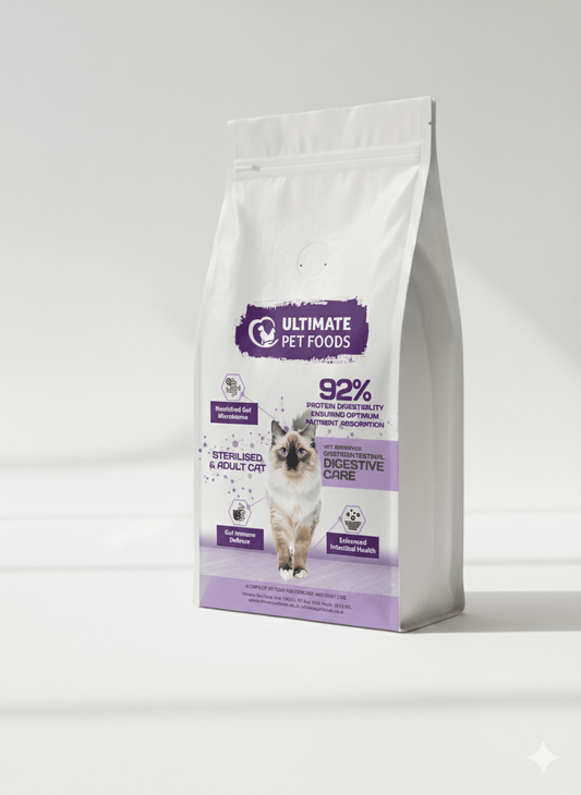 Bag of Ultimate Pet Foods cat food on a white background