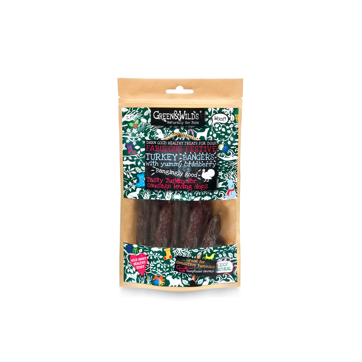 Green & Wilds Turkey & Cranberry Christmas Bangers for dogs 75g