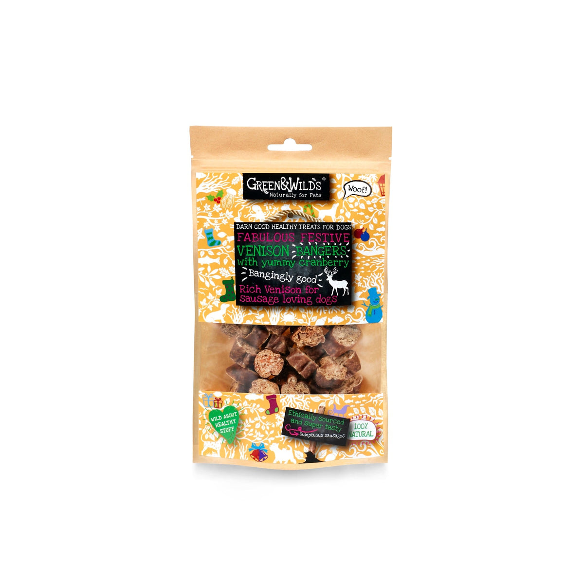 Green & Wilds Venison & Cranberry Christmas Bangers front of pack