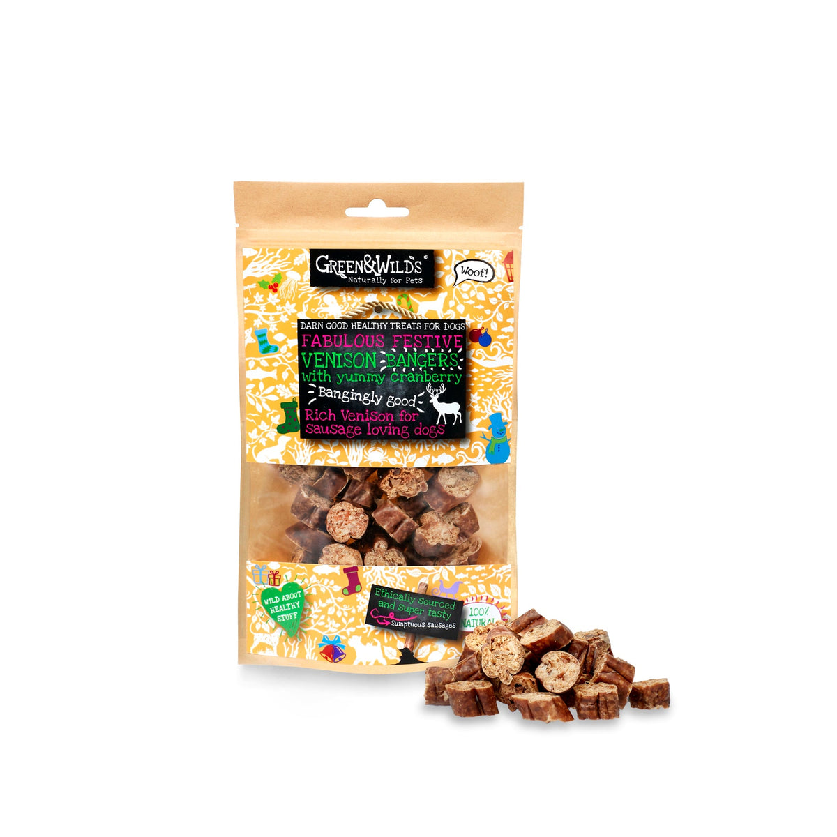 Green & Wilds Venison & Cranberry Christmas Bangers for dogs 75g