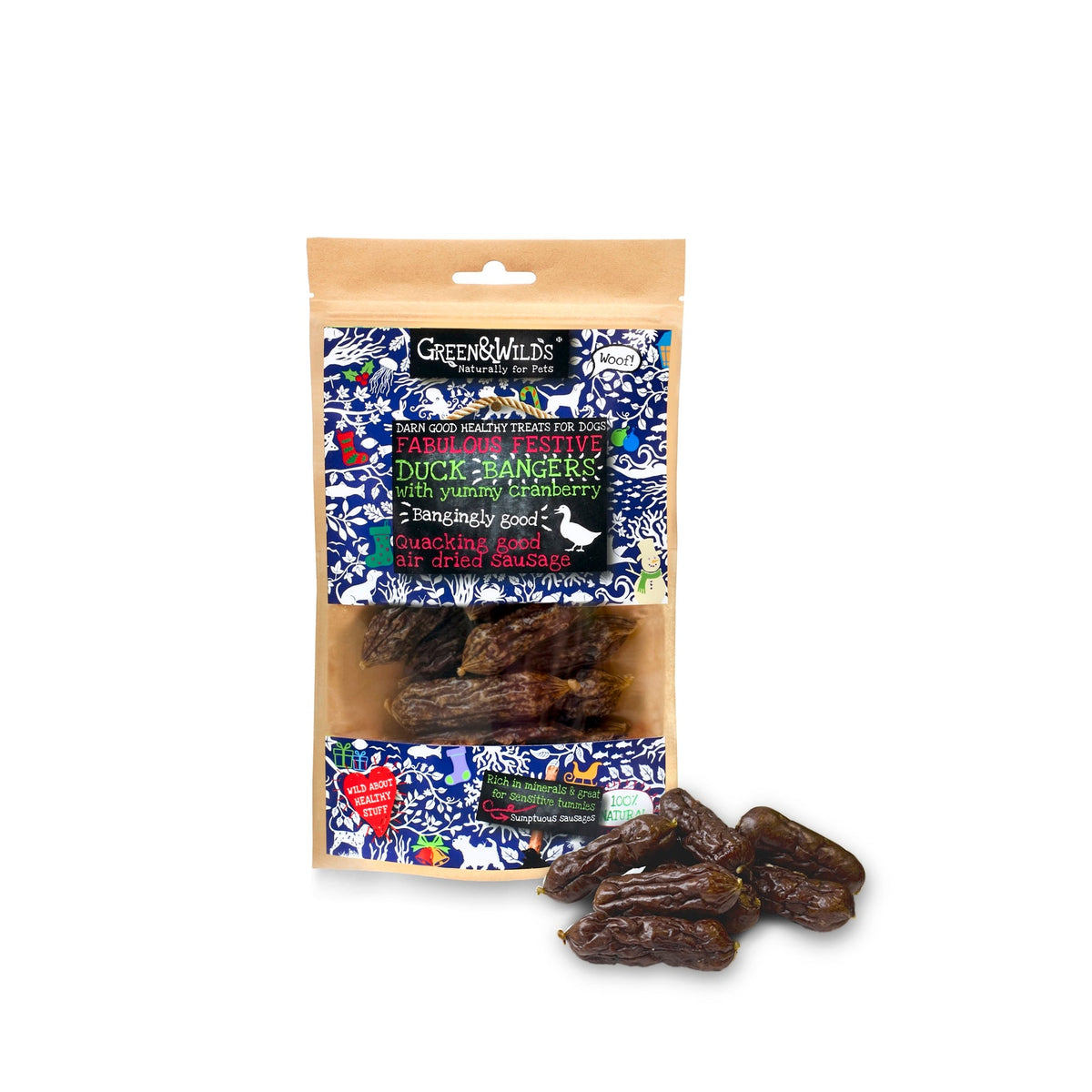 Green & Wilds Duck & Cranberry Christmas Bangers for dogs 75g