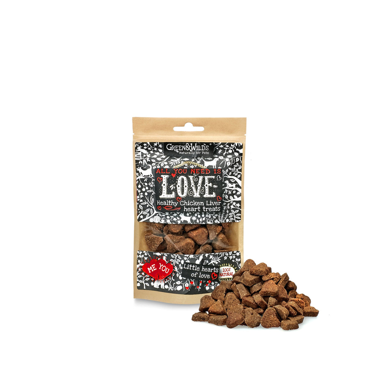 Green & Wilds Love Treats 100g – heart-shaped chicken liver training treats for dogs