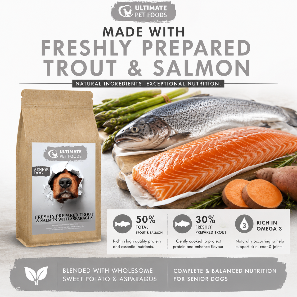 Grain free senior dog food made with 50% freshly prepared trout and salmon with asparagus and sweet potato