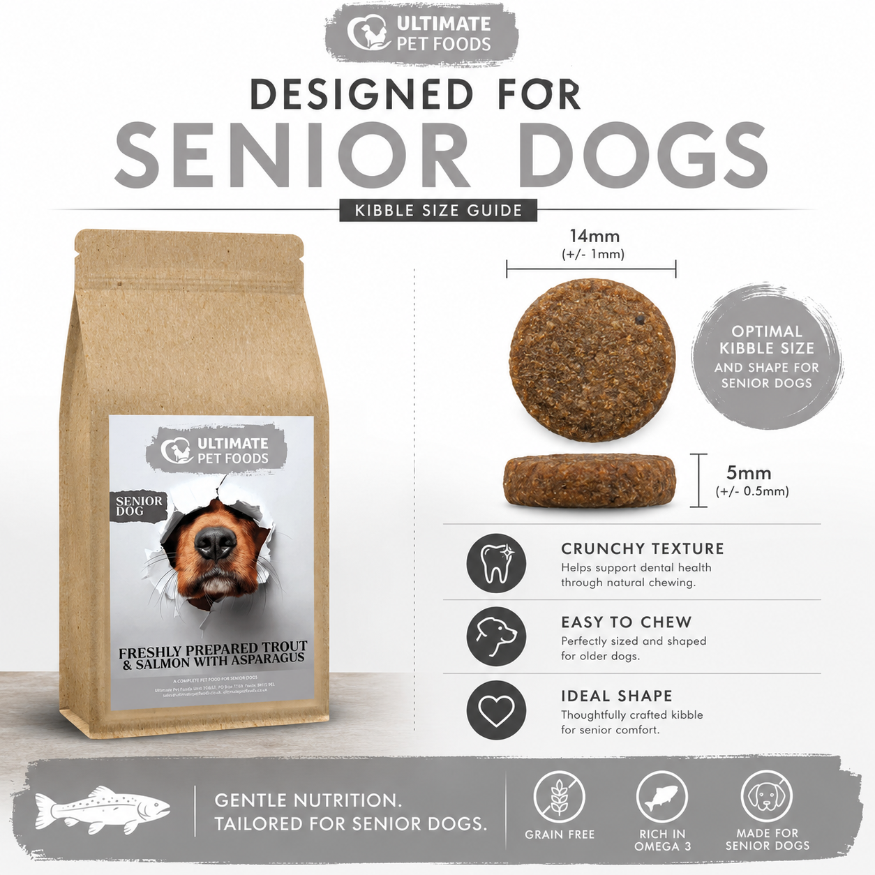 Grain free senior dog food trout and salmon kibble size guide 14mm optimal size for senior dogs