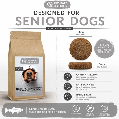 Grain free senior dog food trout and salmon kibble size guide 14mm optimal size for senior dogs