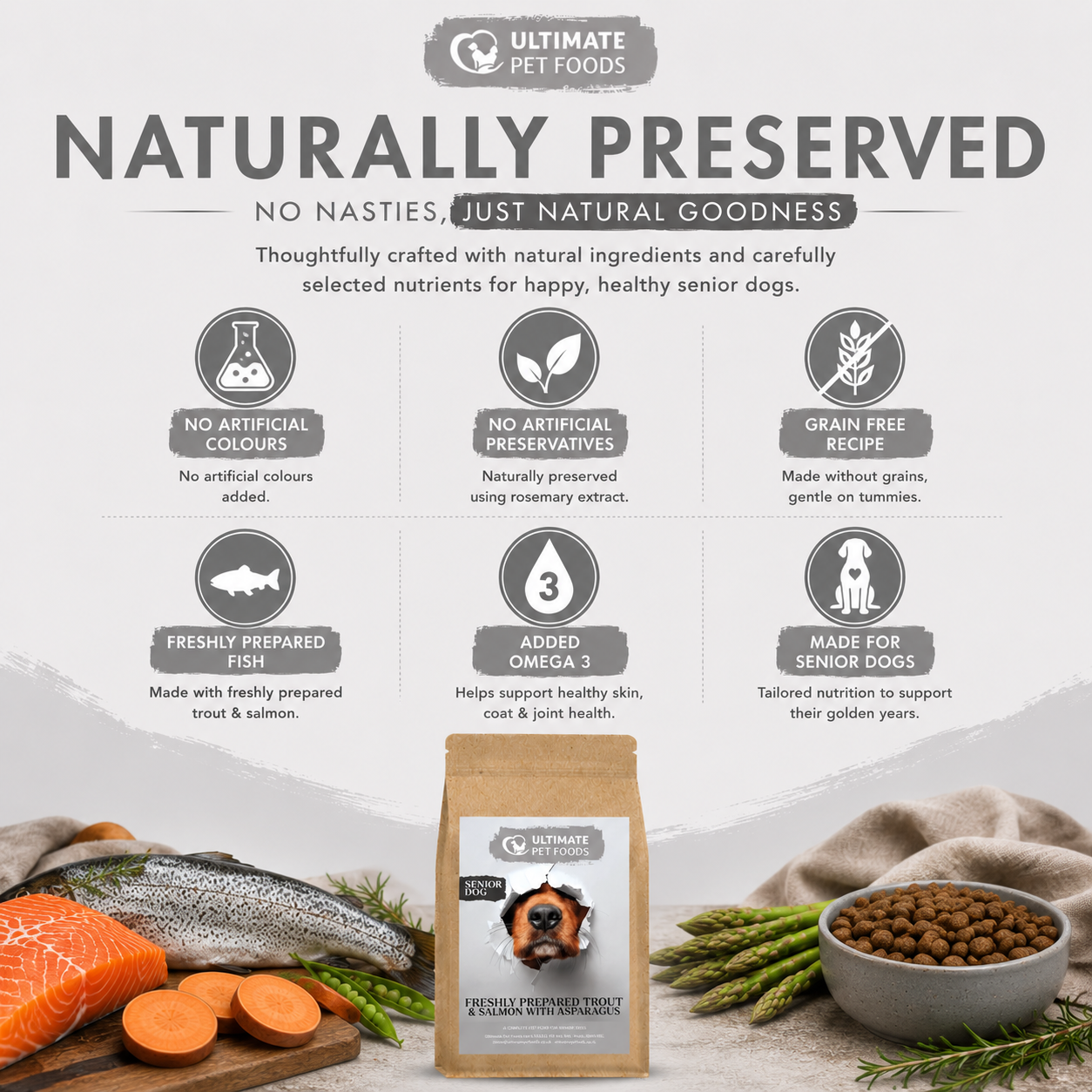 Grain free senior dog food trout salmon naturally preserved no artificial colours or preservatives